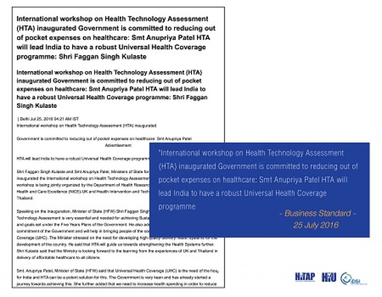 International workshop on Health Technology Assessment (HTA) inaugurated Government is committed to reducing out of pocket expenses on healthcare: Smt Anupriya Patel HTA will lead India to have a robust Universal Health Coverage programme: Shri Faggan Singh Kulaste