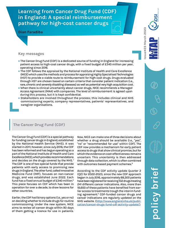 Learning from Cancer Drug Fund (CDF) in England: A special reimbursement pathway for high-cost cancer drugs