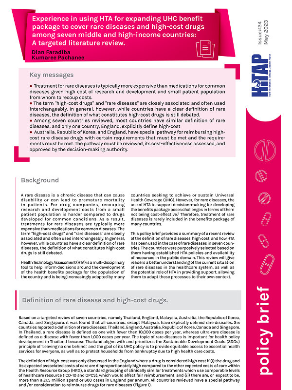 Experience in Using HTA for Expanding UHC Benefit Package to Cover Rare Diseases and High-Cost Drugs among Seven Middle and High-Income Countries: A targeted literature review